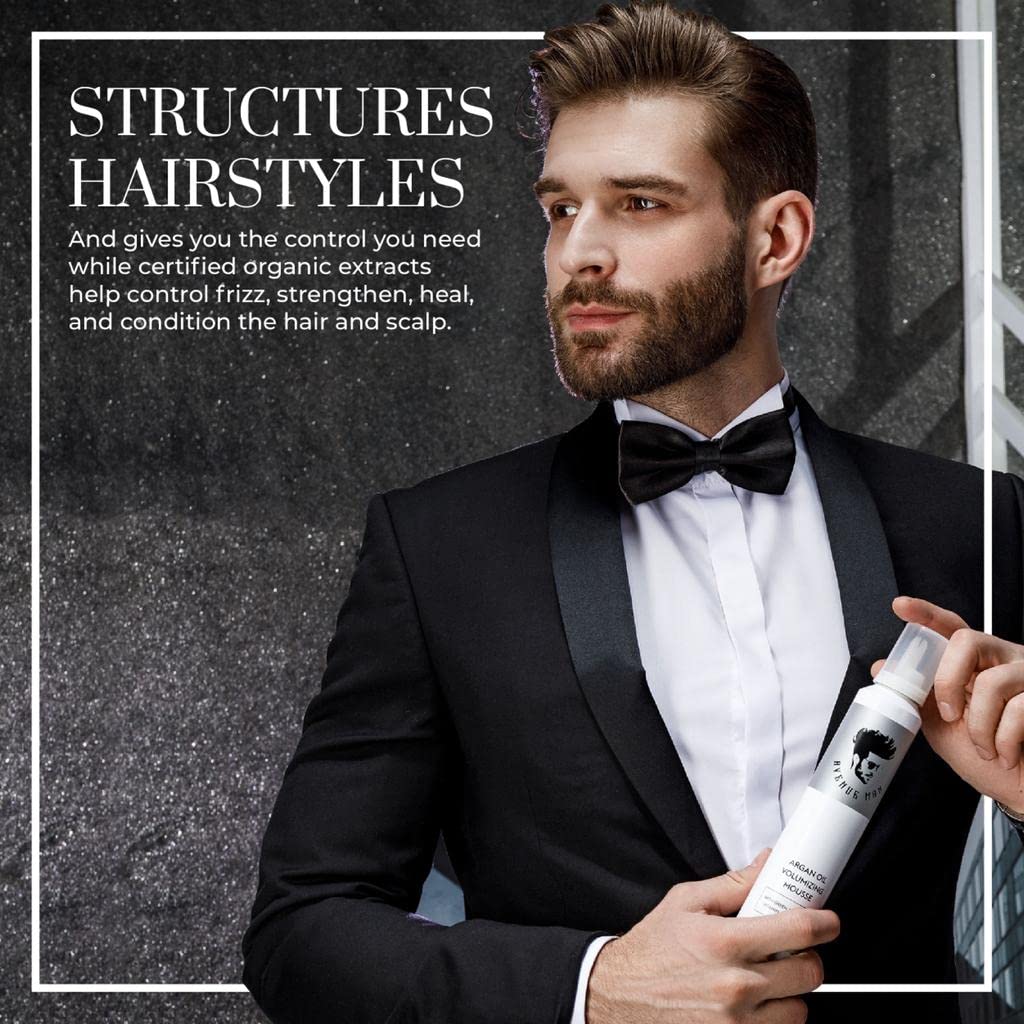 Avenue Man Argan Oil Mousse application-hair shows root lift and smooth texture