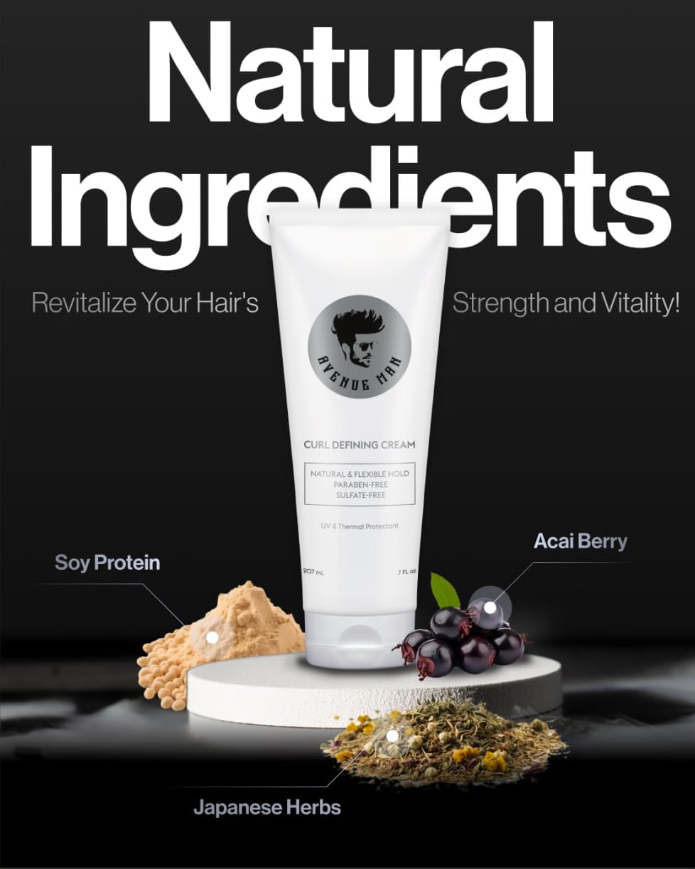 Avenue Man Curl Defining Cream application scene shows smooth, defined curls
