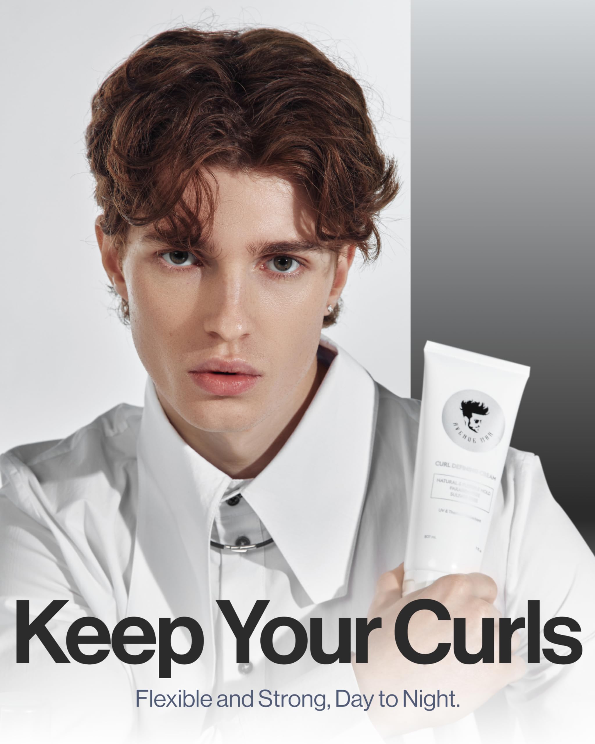 Avenue Man Curl Defining Cream ingredients card highlights acai and soy protein for nourishment
