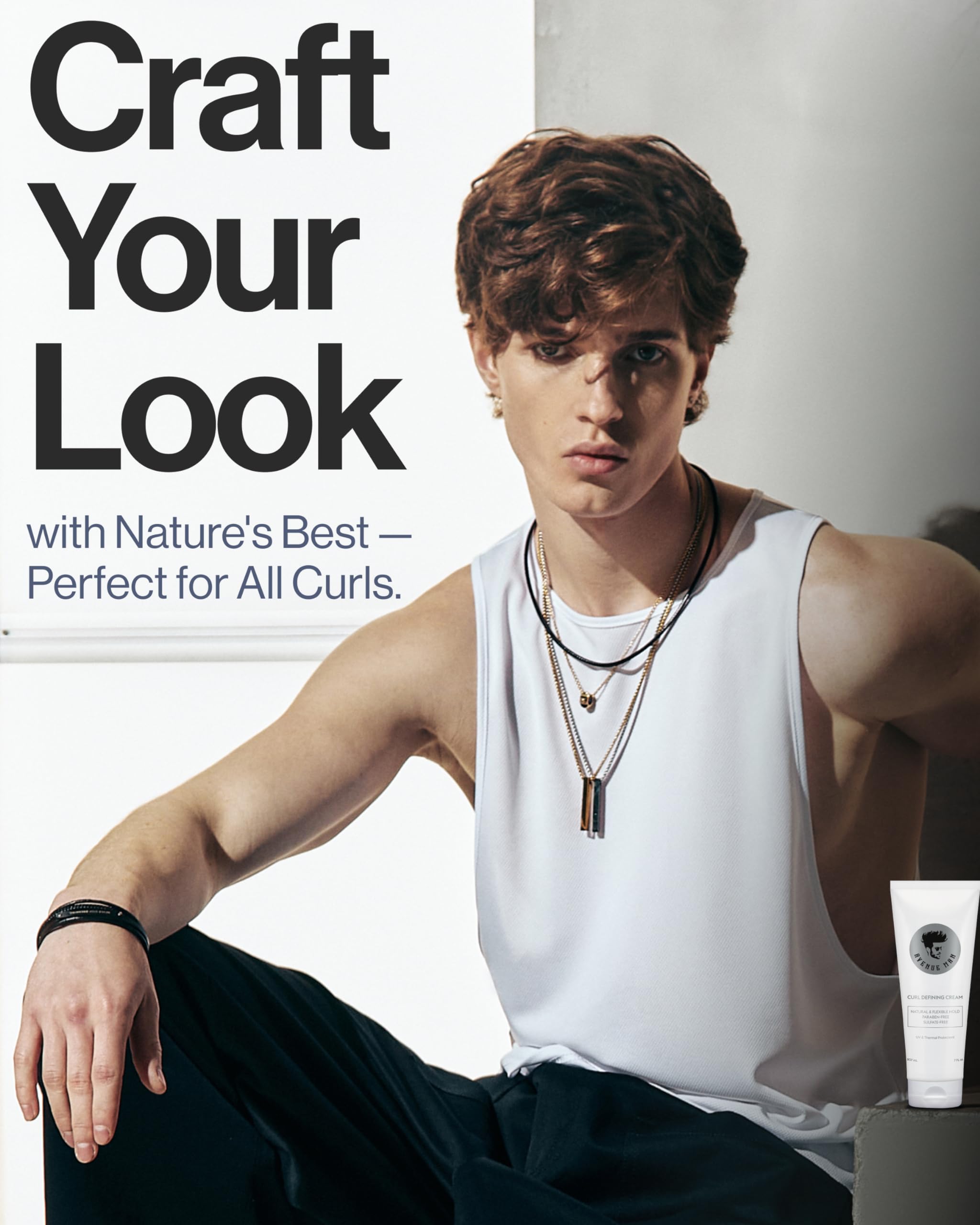 Avenue Man Curl Defining Cream on salon bench emphasizes NYC-crafted styling