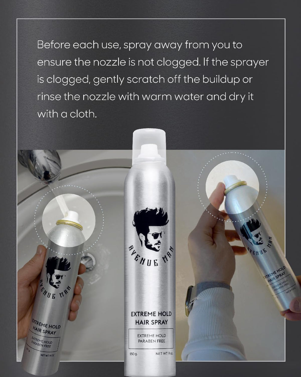 Avenue Man Extreme Hold bottle shows fast-dry formula for quick styling.