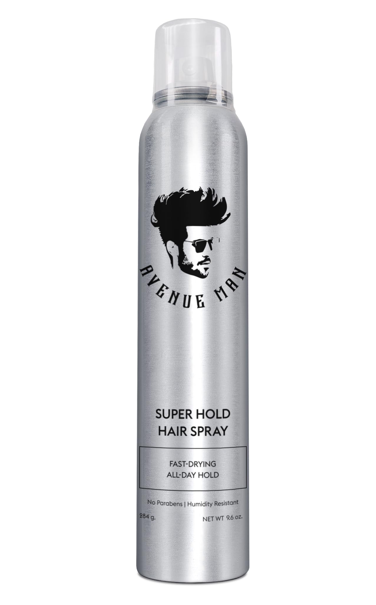 Avenue Man Super Hold Hairspray bottle viewed front for all-day hold.
