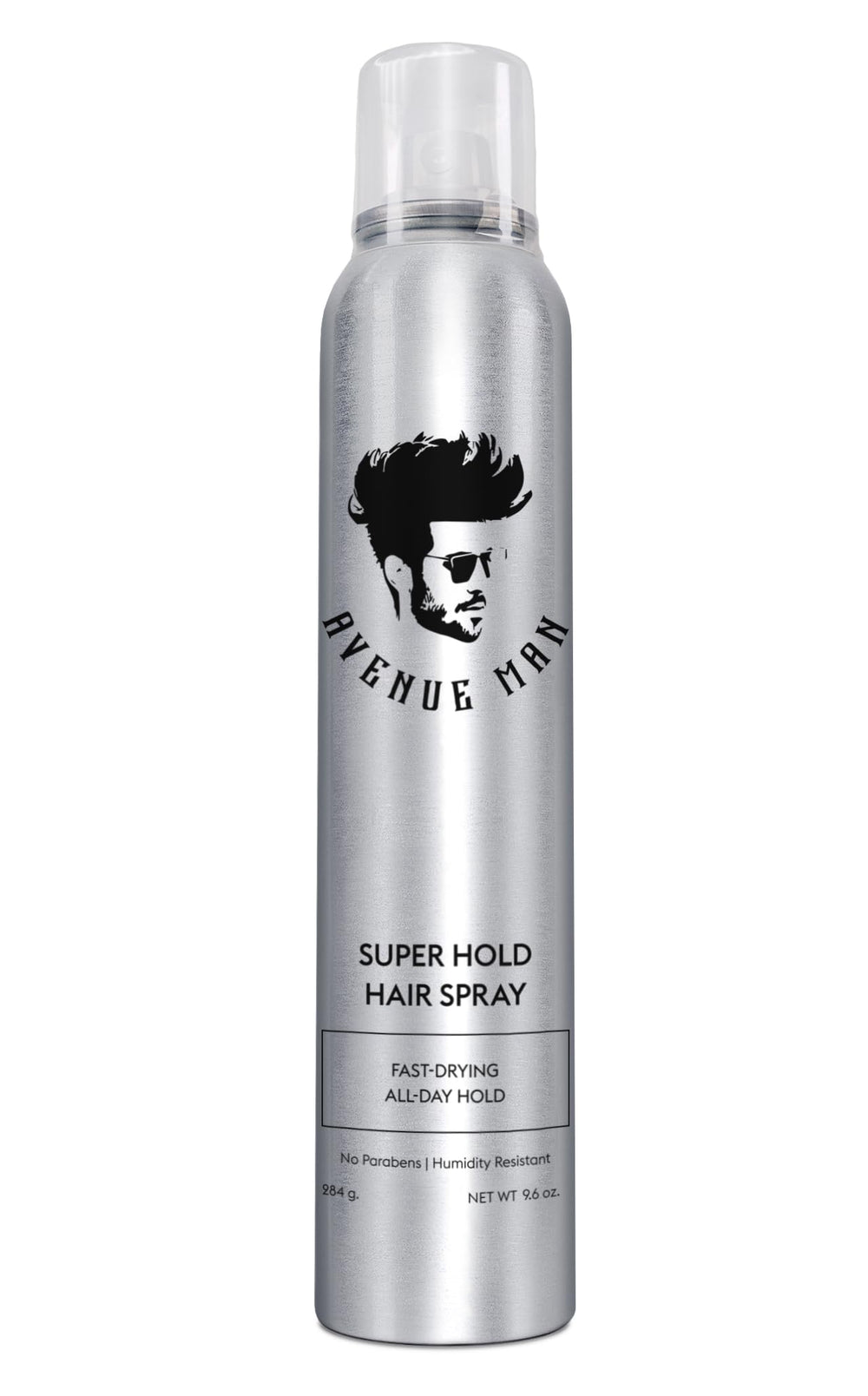 Avenue Man Super Hold Hairspray bottle viewed front for all-day hold.