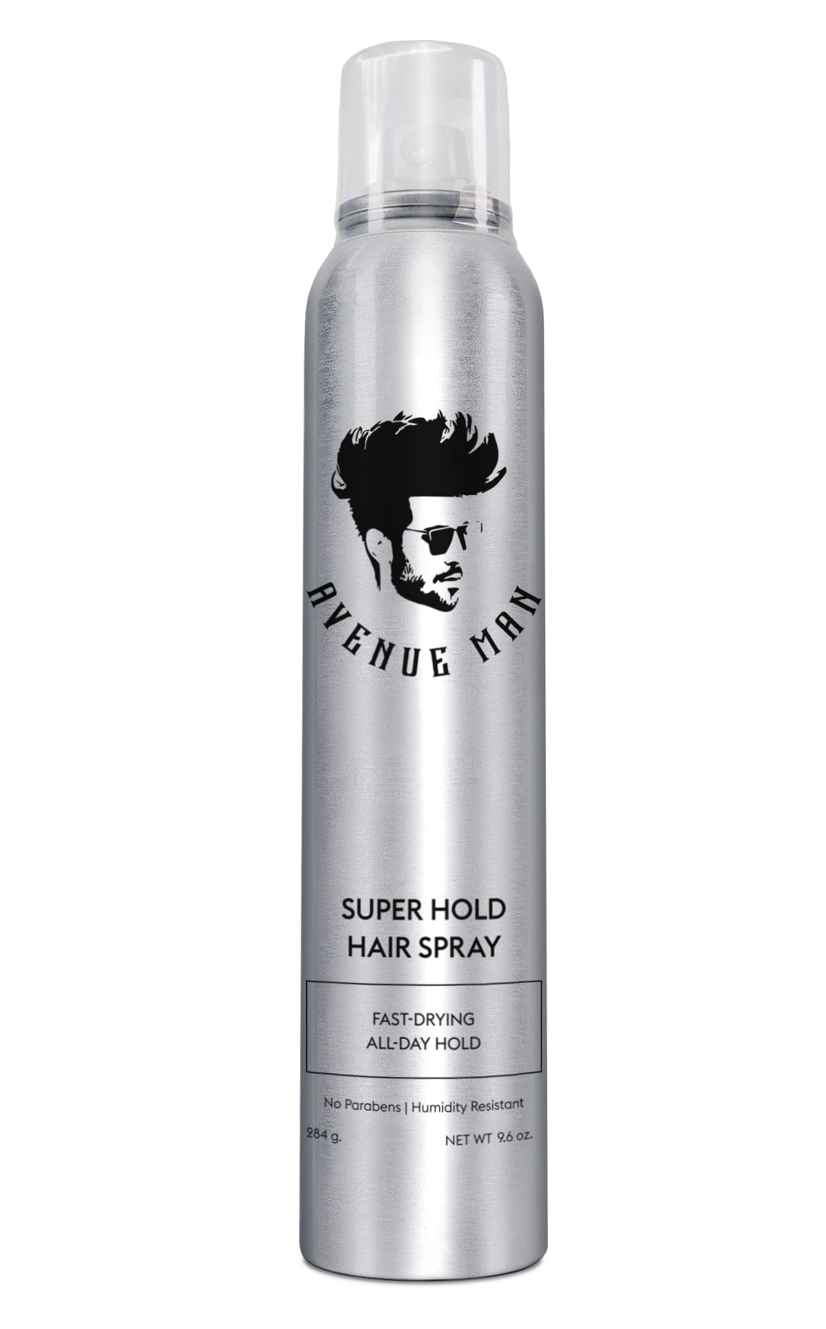 Avenue Man Super Hold Hairspray bottle viewed front for all-day hold.