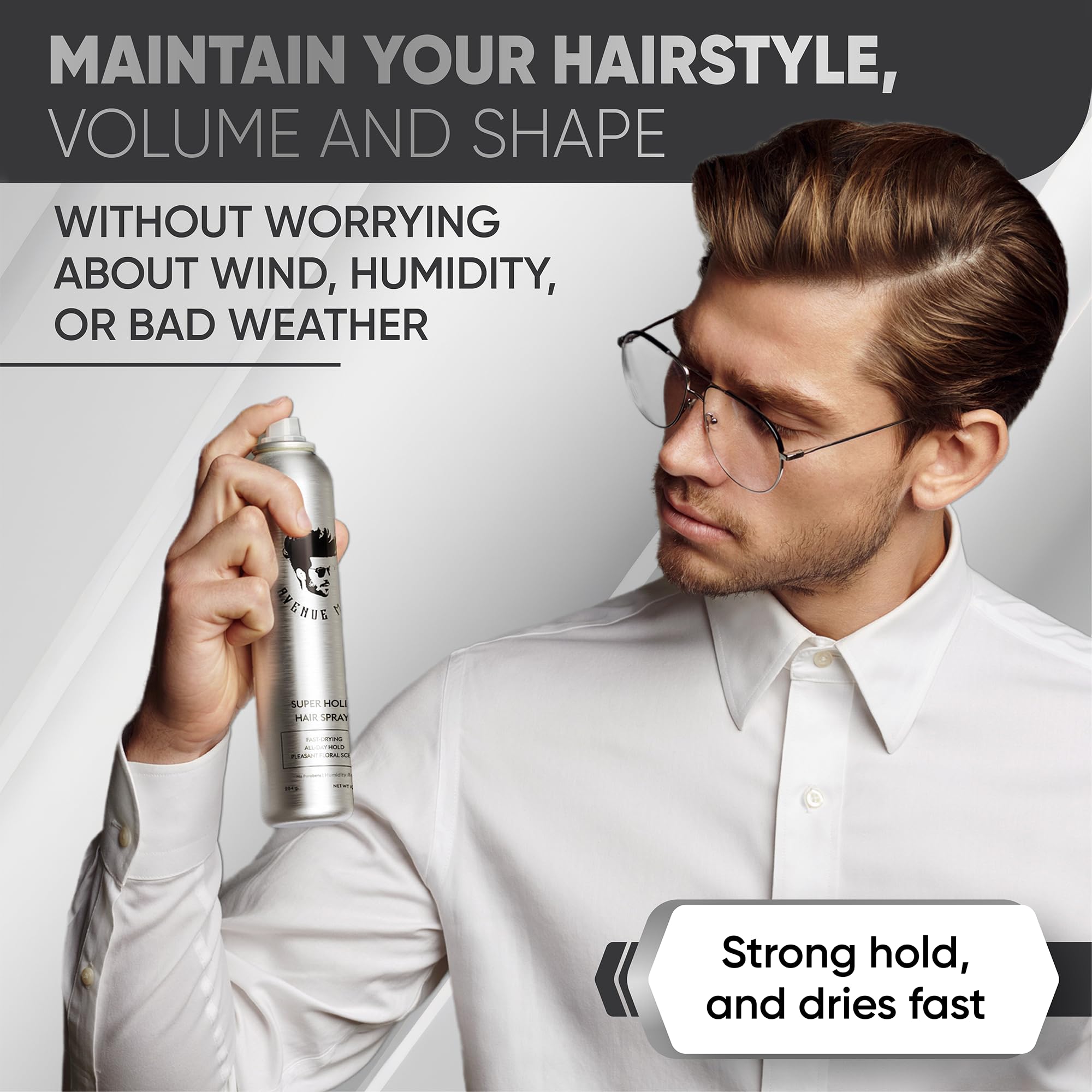 Avenue Man Super Hold Hairspray applied to fine hair for strong yet flexible hold.