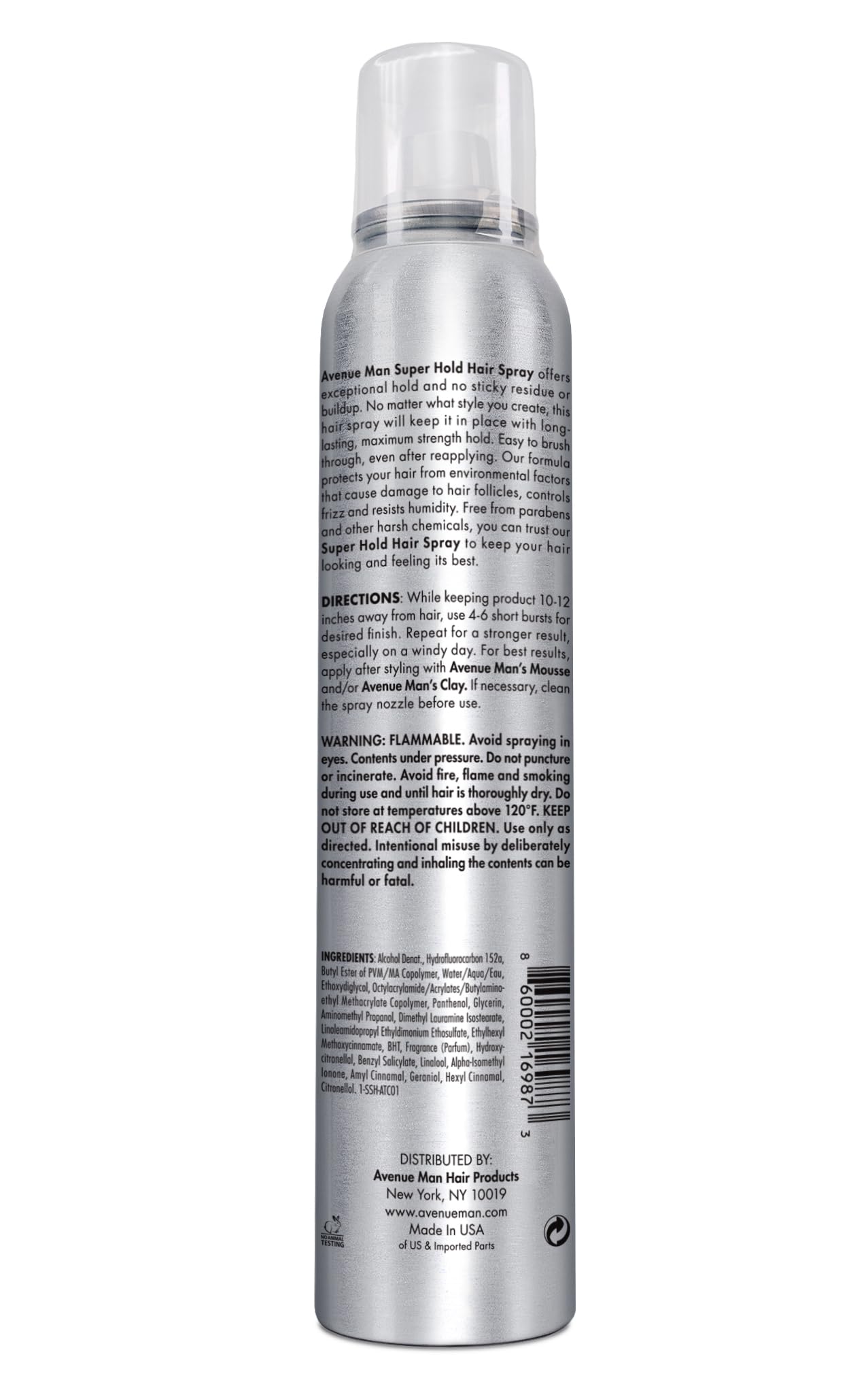 Avenue Man Super Hold Hairspray manufactured in the USA for quality control.