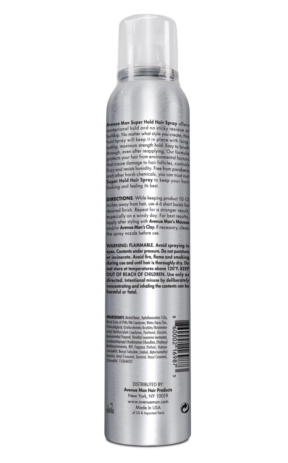 Avenue Man Super Hold Hairspray manufactured in the USA for quality control.