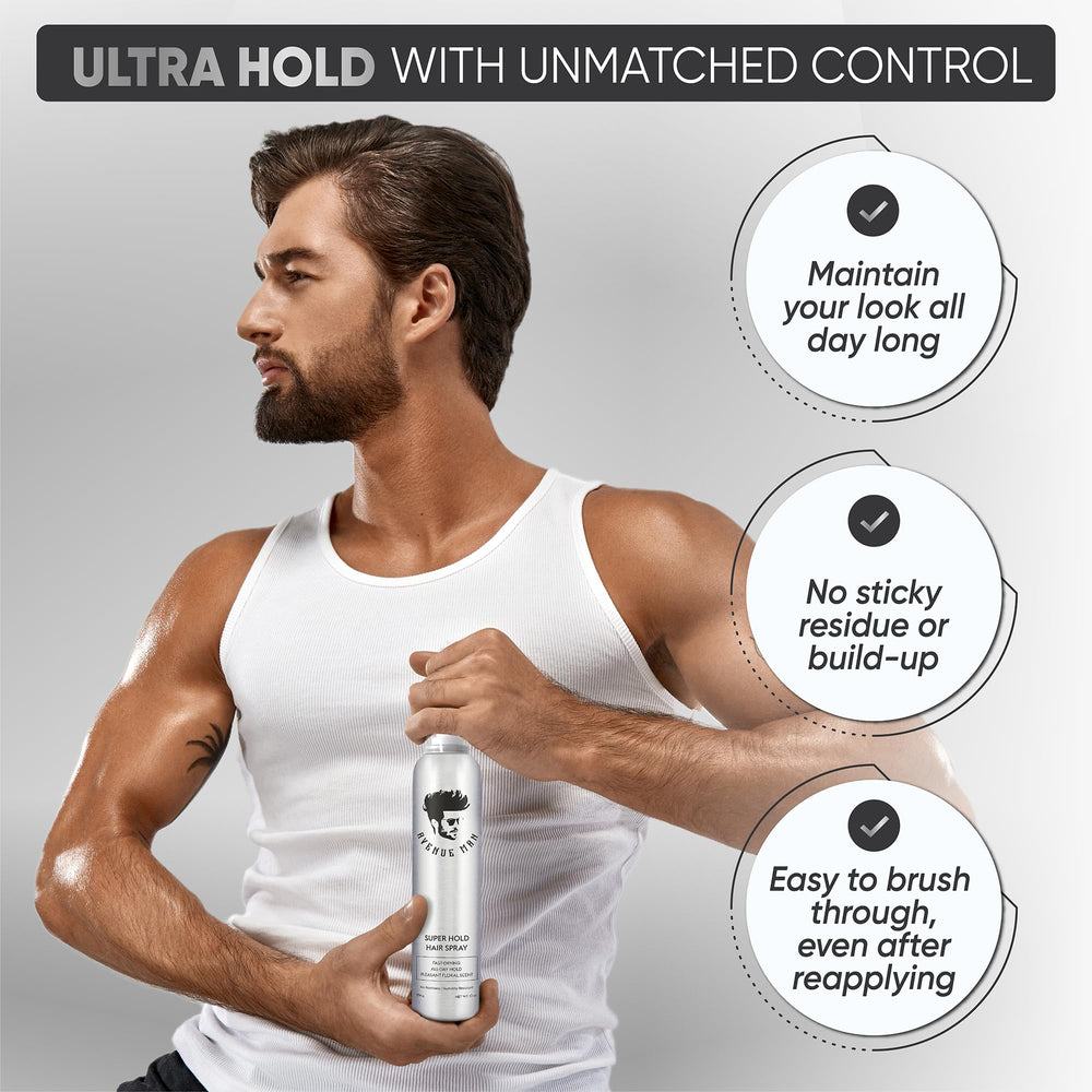 Avenue Man Super Hold Hairspray tested against wind and humidity for durable style.