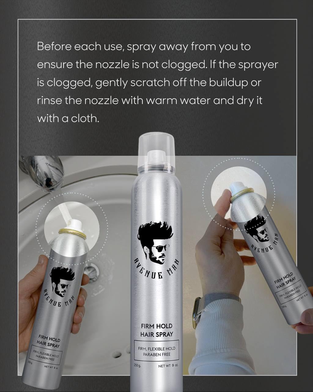 Avenue Man Texture Spray packaging close-up highlighting herbal extracts.