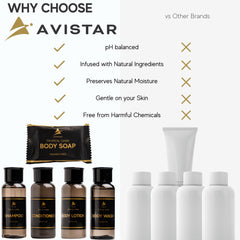 Avistar elegant hotel amenities packaging enhances room presentation.