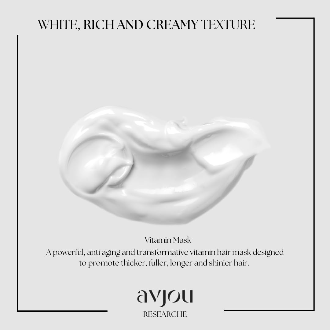 Avjou Researche Vitamin Mask damp hair application for balanced moisture.