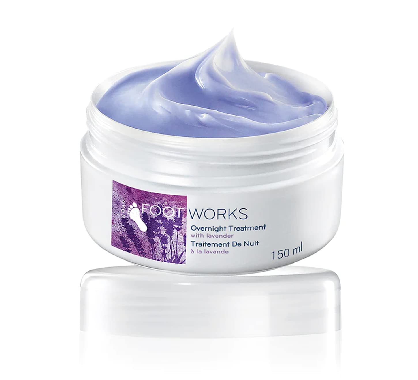 Avon Foot Works Lavender Overnight Foot Treatment packaging highlighting lavender scent and moisturizing benefits.