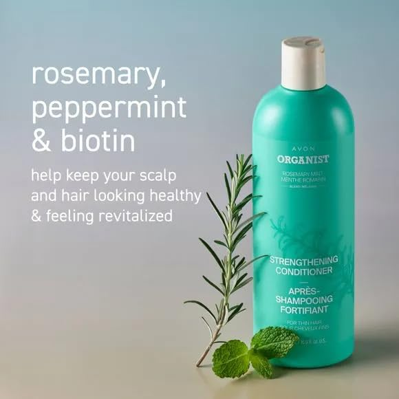 AVON Organist Rosemary Mint Strengthening Conditioner label closeup for product authenticity.