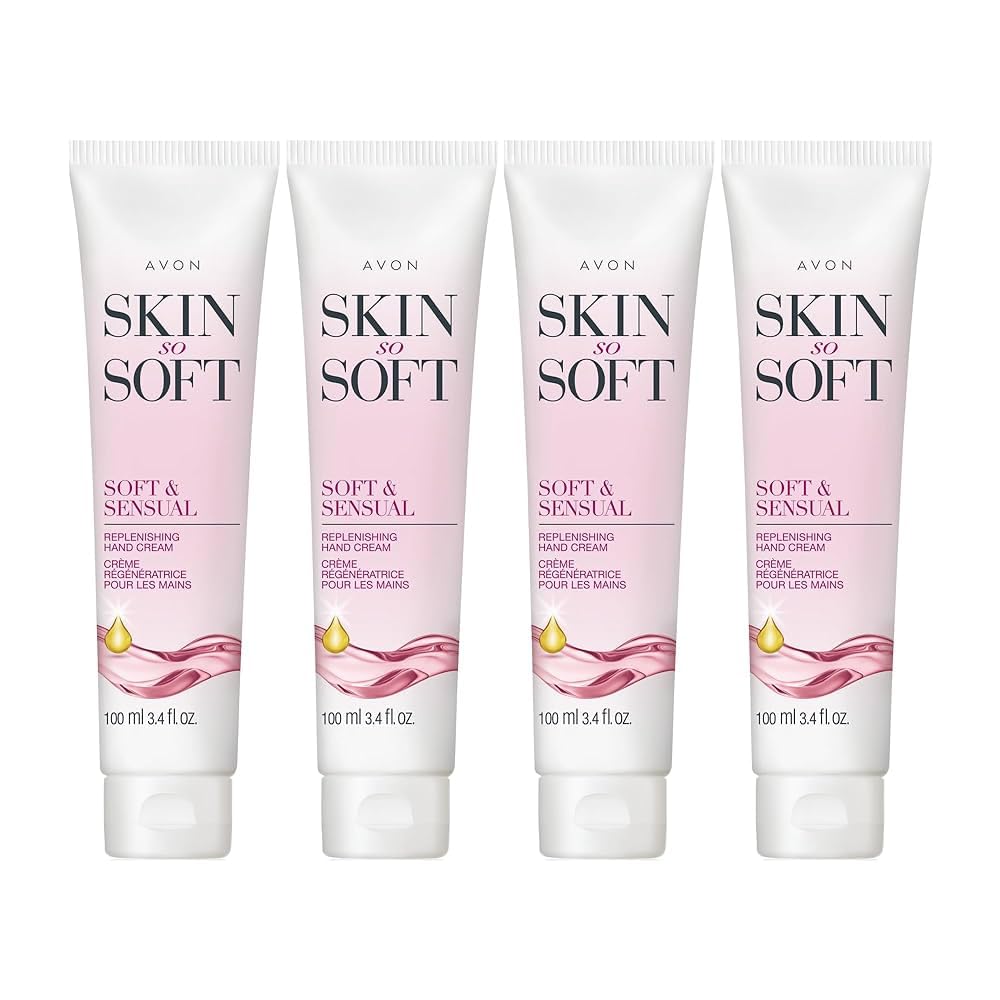AVON Skin So Soft hand cream four-pack close-up texture shows rich moisturizing cream.