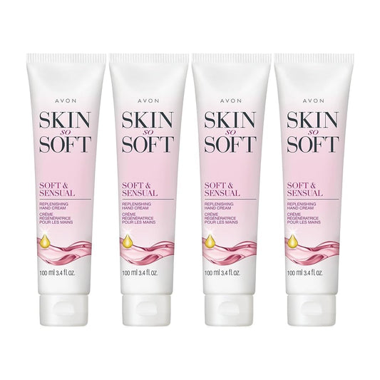 AVON Skin So Soft hand cream four-pack close-up texture shows rich moisturizing cream.