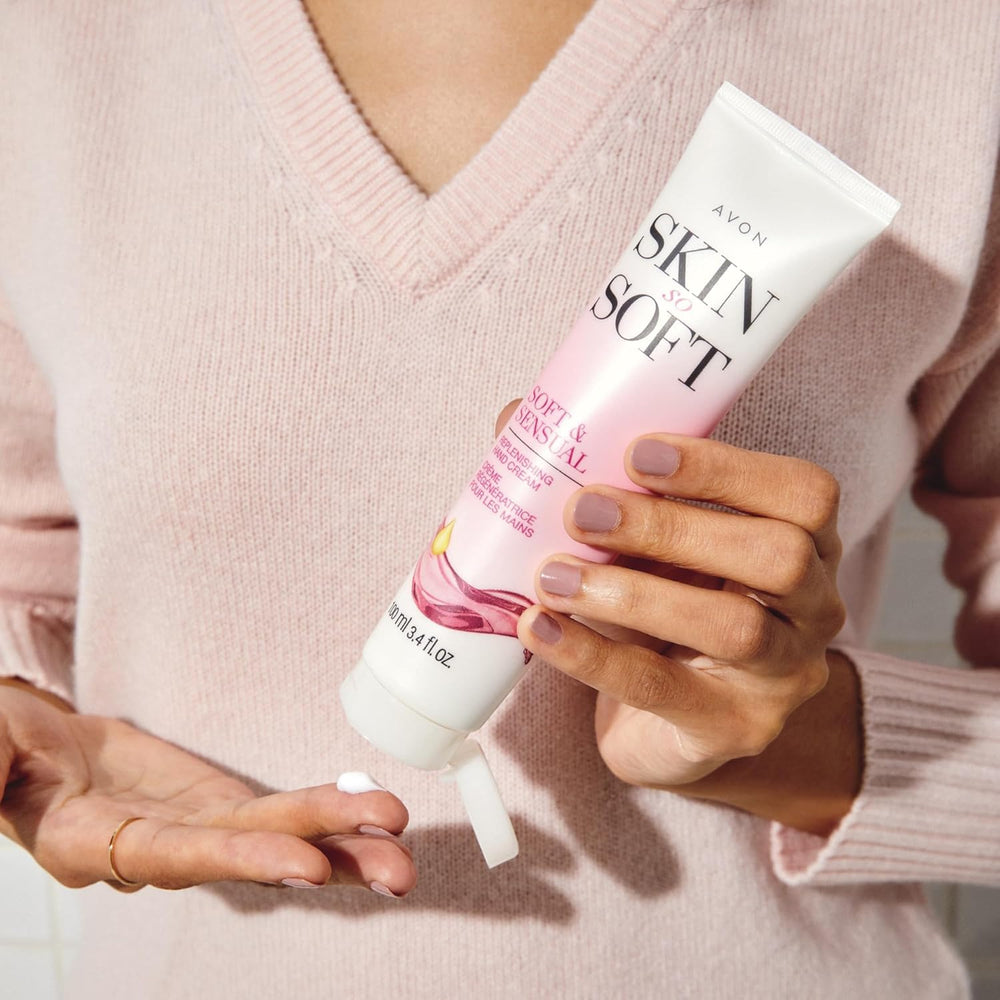 AVON Skin So Soft hand cream four-pack gift-ready box highlighting everyday use.