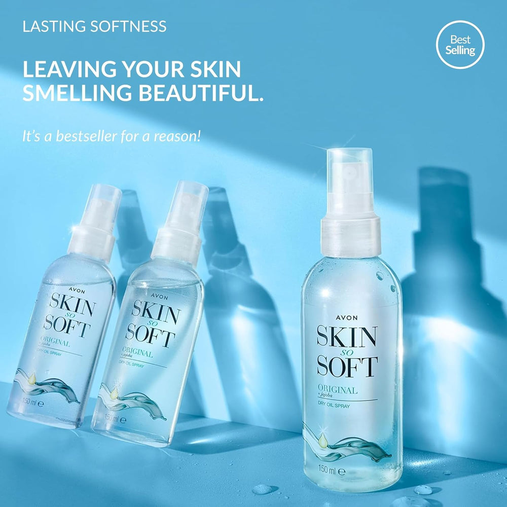 Travel-friendly AVON Skin So Soft Original spray ideal for on-the-go hydration.