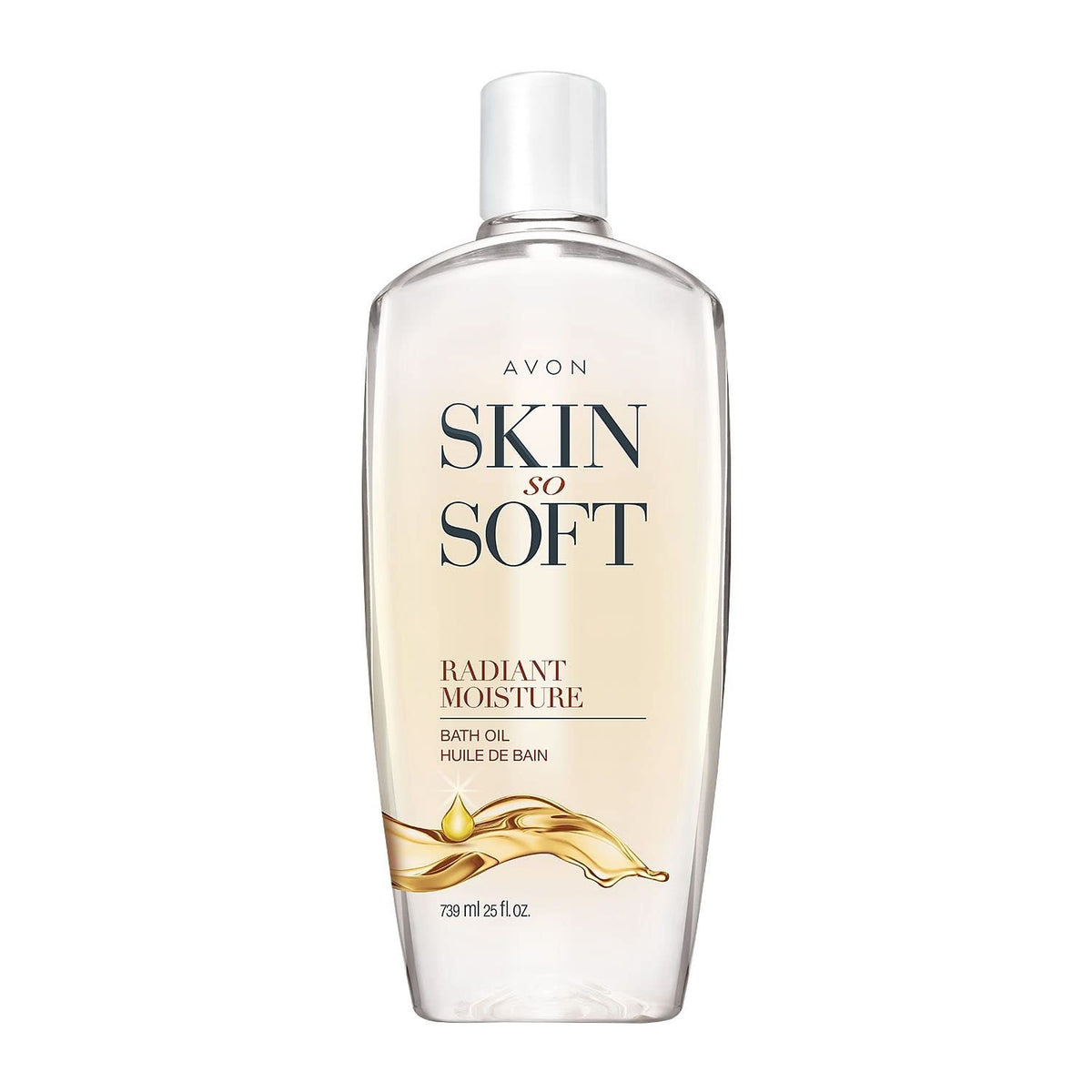 AVON Skin So Soft Radiant Moisture Bath Oil bottle with hydrating glow.