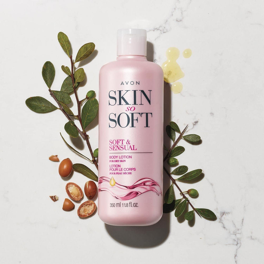 AVON Skin So Soft Soft & Sensual lotion being applied for silky texture and lasting hydration