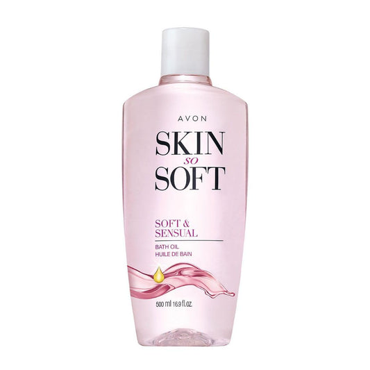 Avon Skin So Soft Soft & Sensual Bath Oil bottle closeup showing luxurious hydration