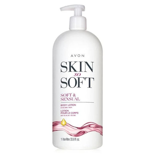 Avon Skin So Soft Soft & Sensual bottle with pump delivering lasting hydration and easy application