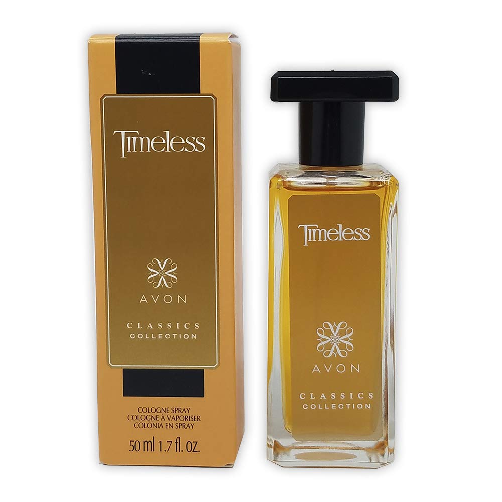 AVON Timeless bottle close-up showing mimosa and cardamom notes for daytime elegance
