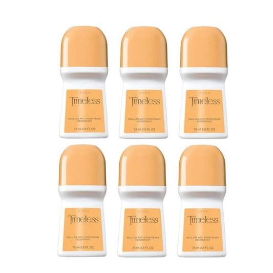 AVON Timeless roll-on deodorant bottle in a six-pack, long-lasting freshness for all-day confidence