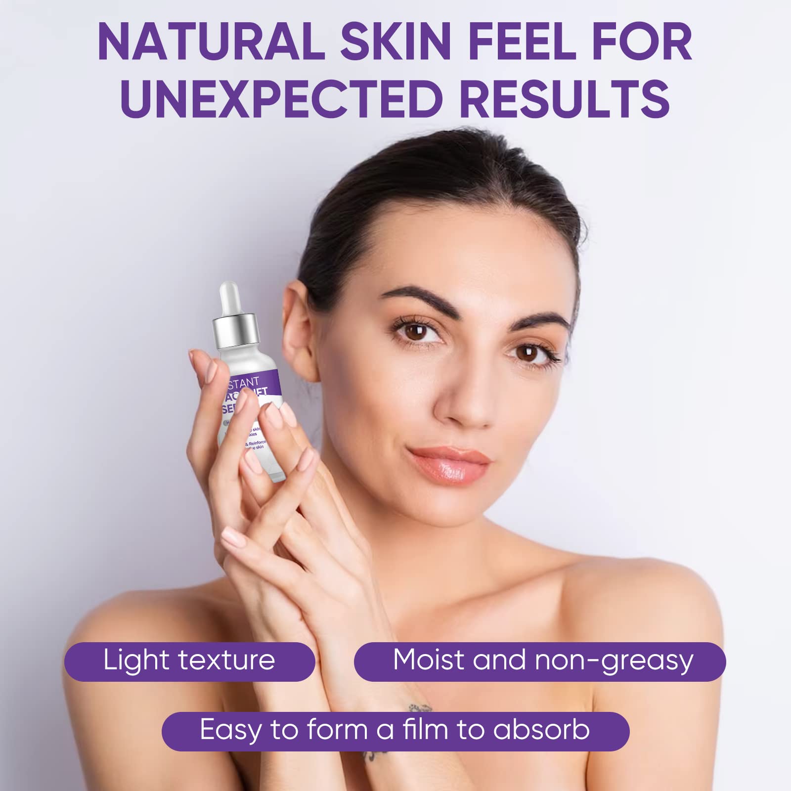 Close-up on dewy, plump skin after applying AVPAVP serum.