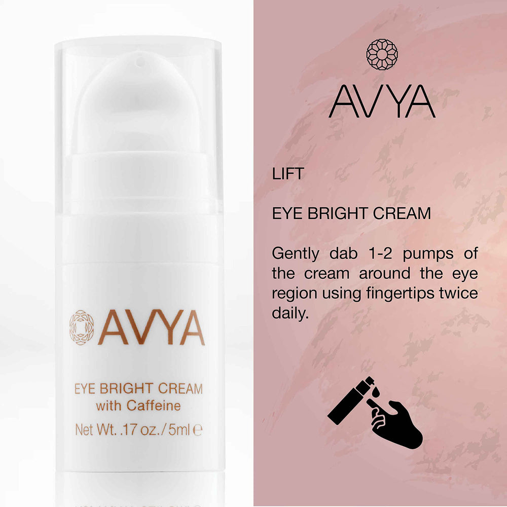 Avya Eye Cream tube demonstrates caffeine-powered brightening for tired eyes