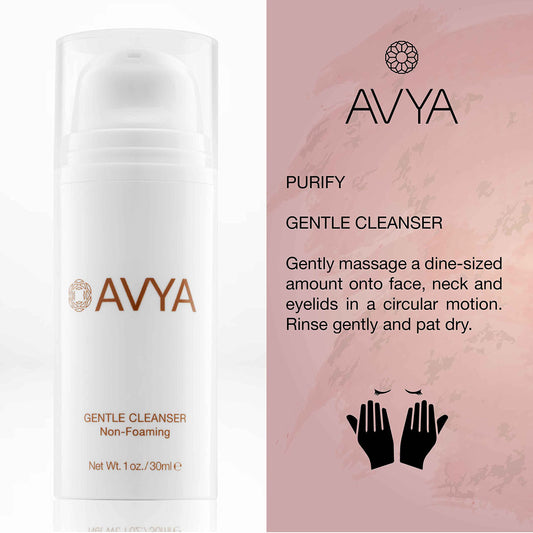Avya Gentle Cleanser bottle shown for travel-friendly, gentle cleansing