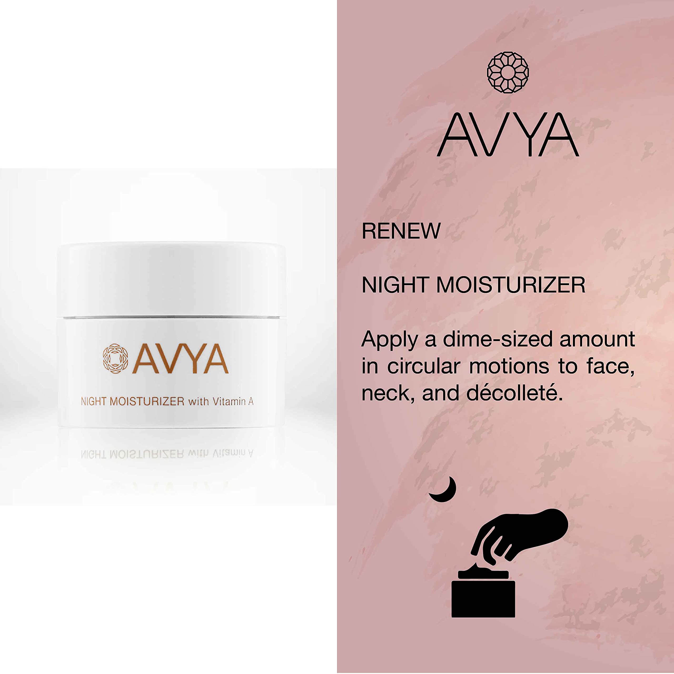 Avya Night Moisturizer jar illustrates overnight hydration and renewed radiance