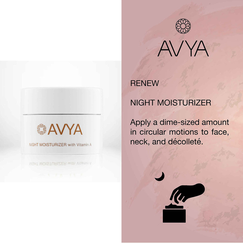Avya Night Moisturizer jar illustrates overnight hydration and renewed radiance