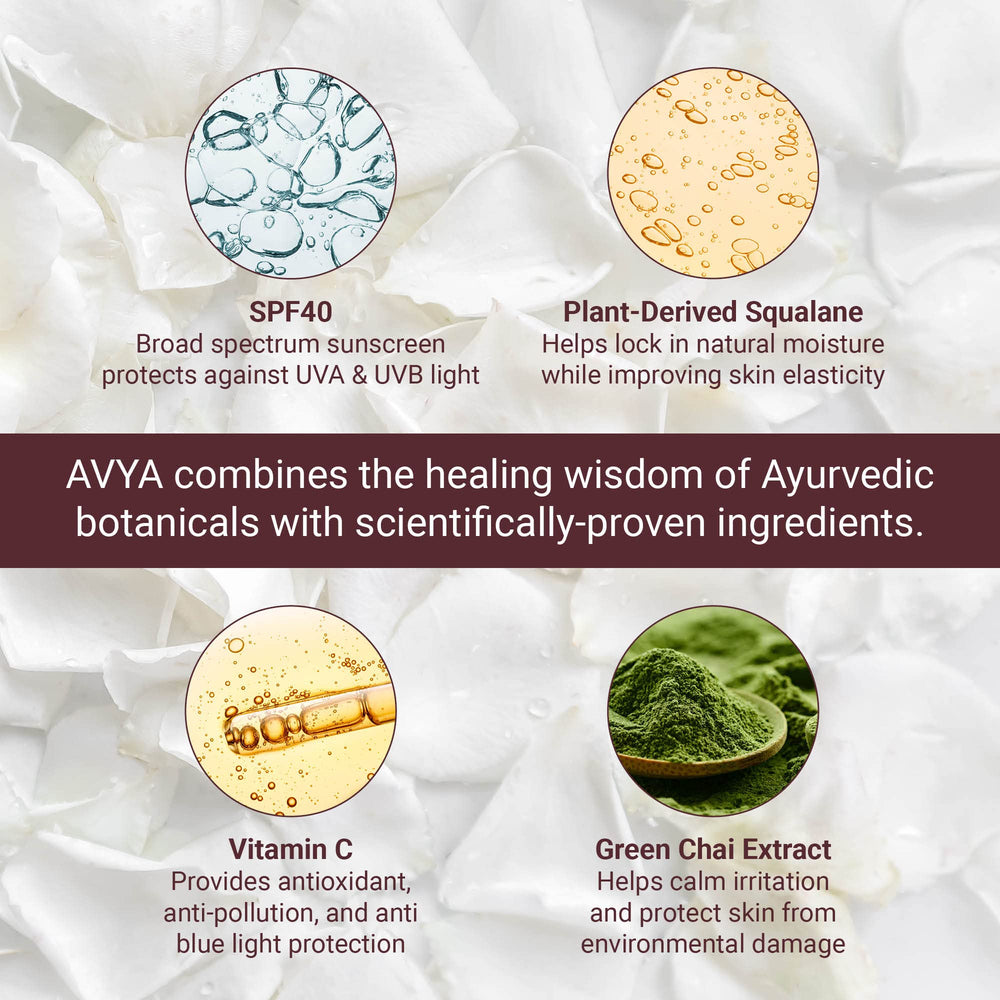 AVYA SPF 40 close-up shows smooth application and radiant finish.