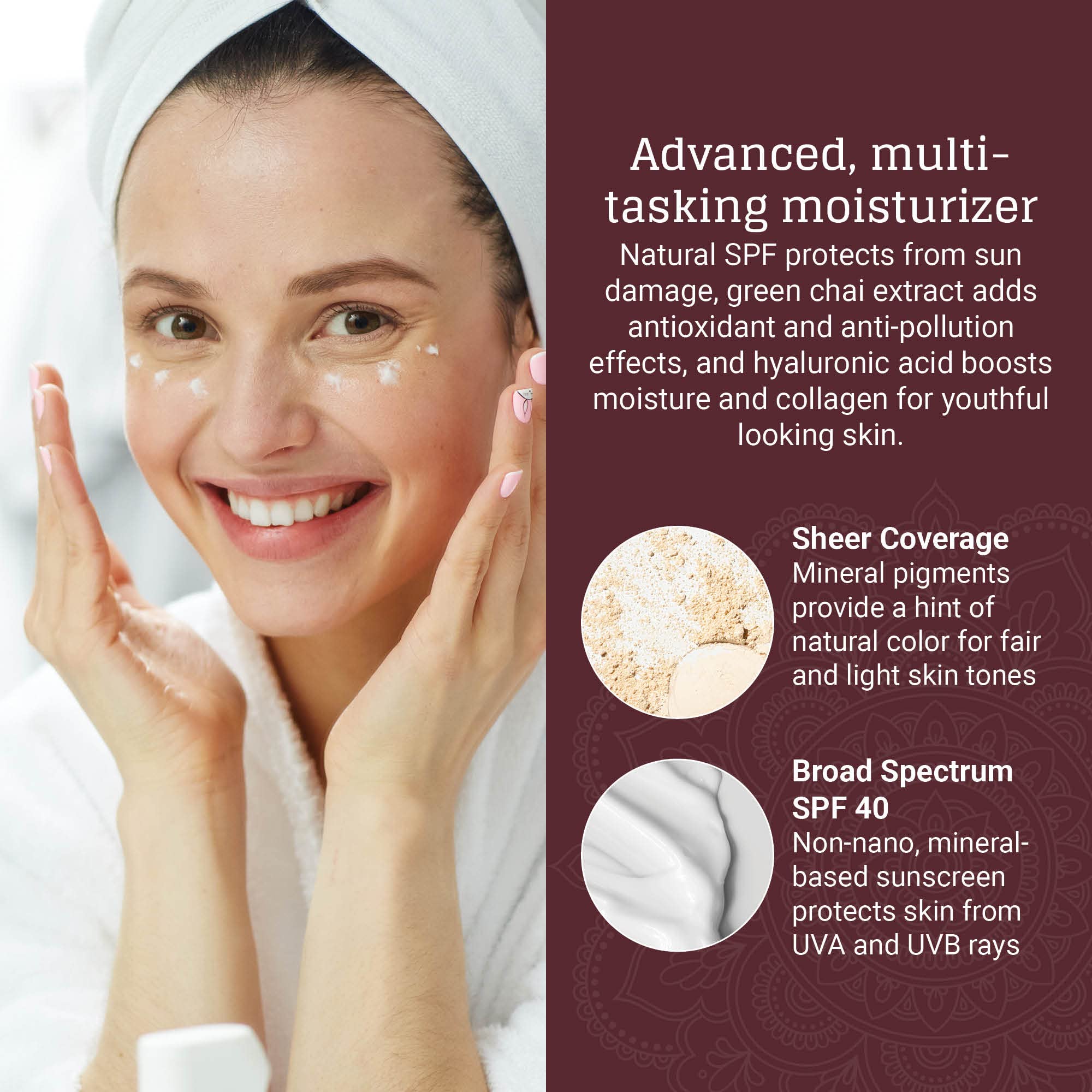AVYA SPF 40 bottle in light highlights broad spectrum protection.