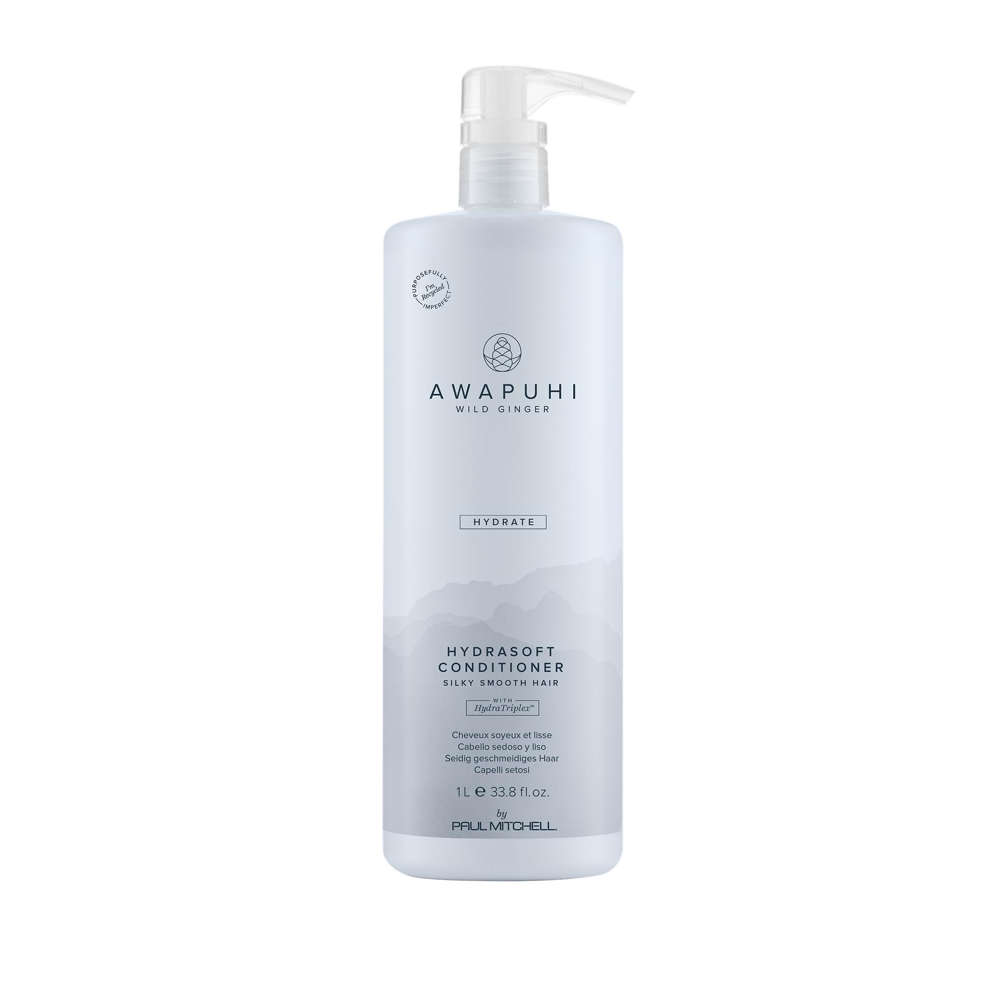 Paul Mitchell Awapuhi Wild Ginger HydraSoft conditioner bottle front shows hydration for all hair types