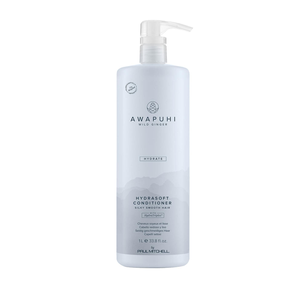 Paul Mitchell Awapuhi Wild Ginger HydraSoft conditioner bottle front shows hydration for all hair types