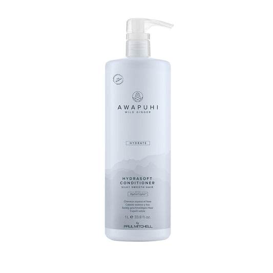 Paul Mitchell Awapuhi Wild Ginger HydraSoft conditioner bottle front shows hydration for all hair types
