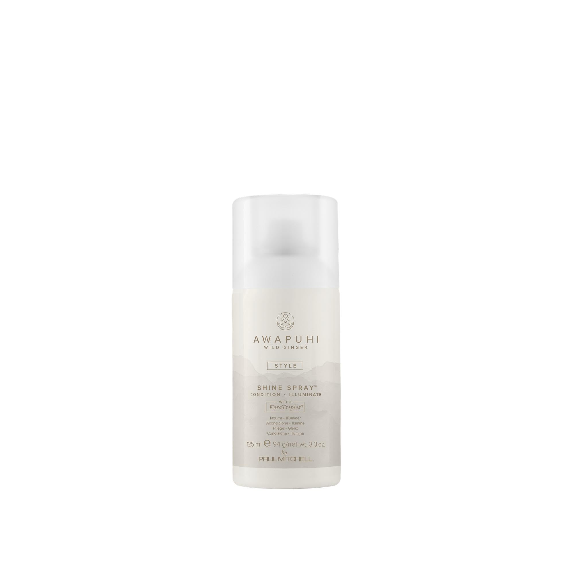 Awapuhi Wild Ginger Shine Spray bottle delivering a light, luminous finish for any style.