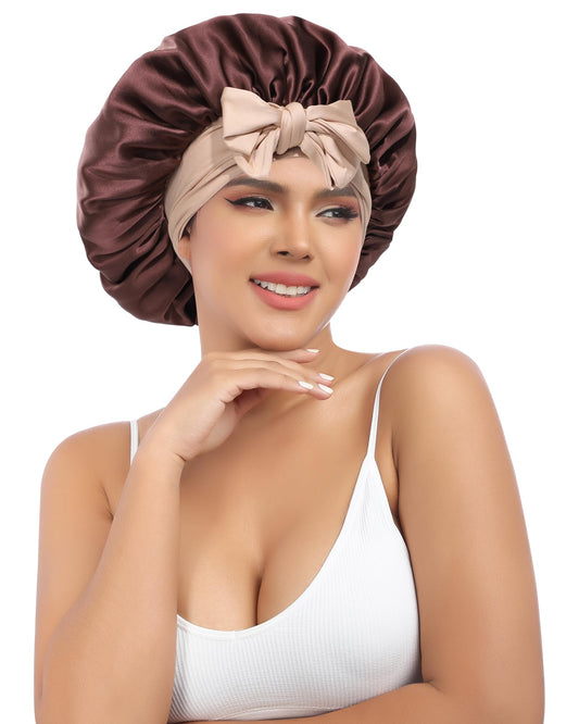 AwayTR silk bonnet in dark brown band; gentle, low-friction mulberry silk for hair protection.