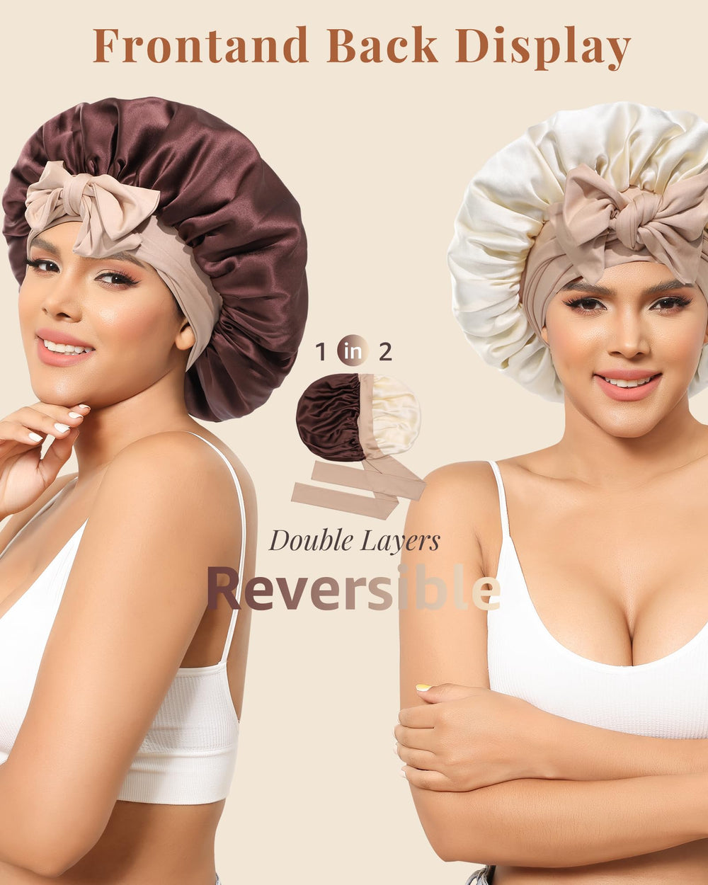 AwayTR silk bonnet in champagne tone highlights breathable, cooling design for comfortable nights.