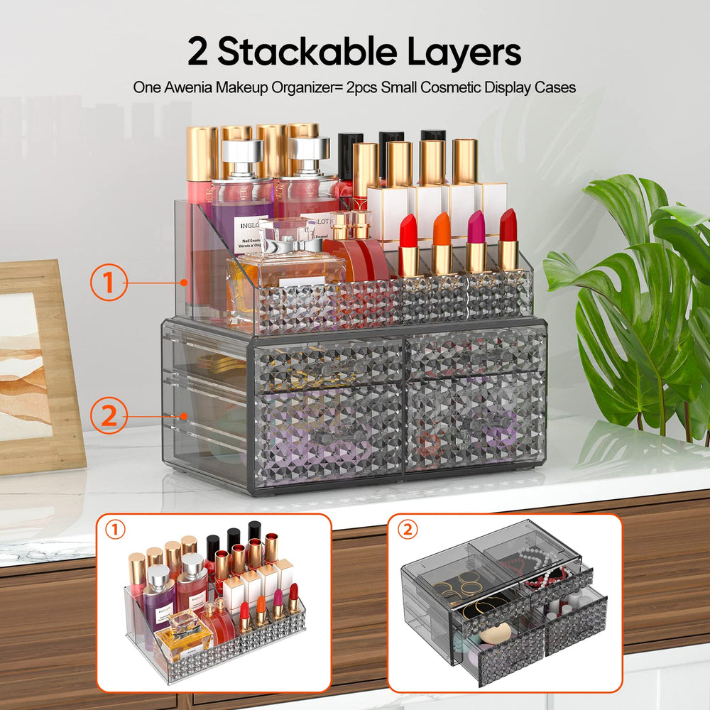 Awenia acrylic makeup storage case with four drawers, side-by-side layout.