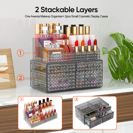 Awenia acrylic makeup storage case with four drawers, side-by-side layout.