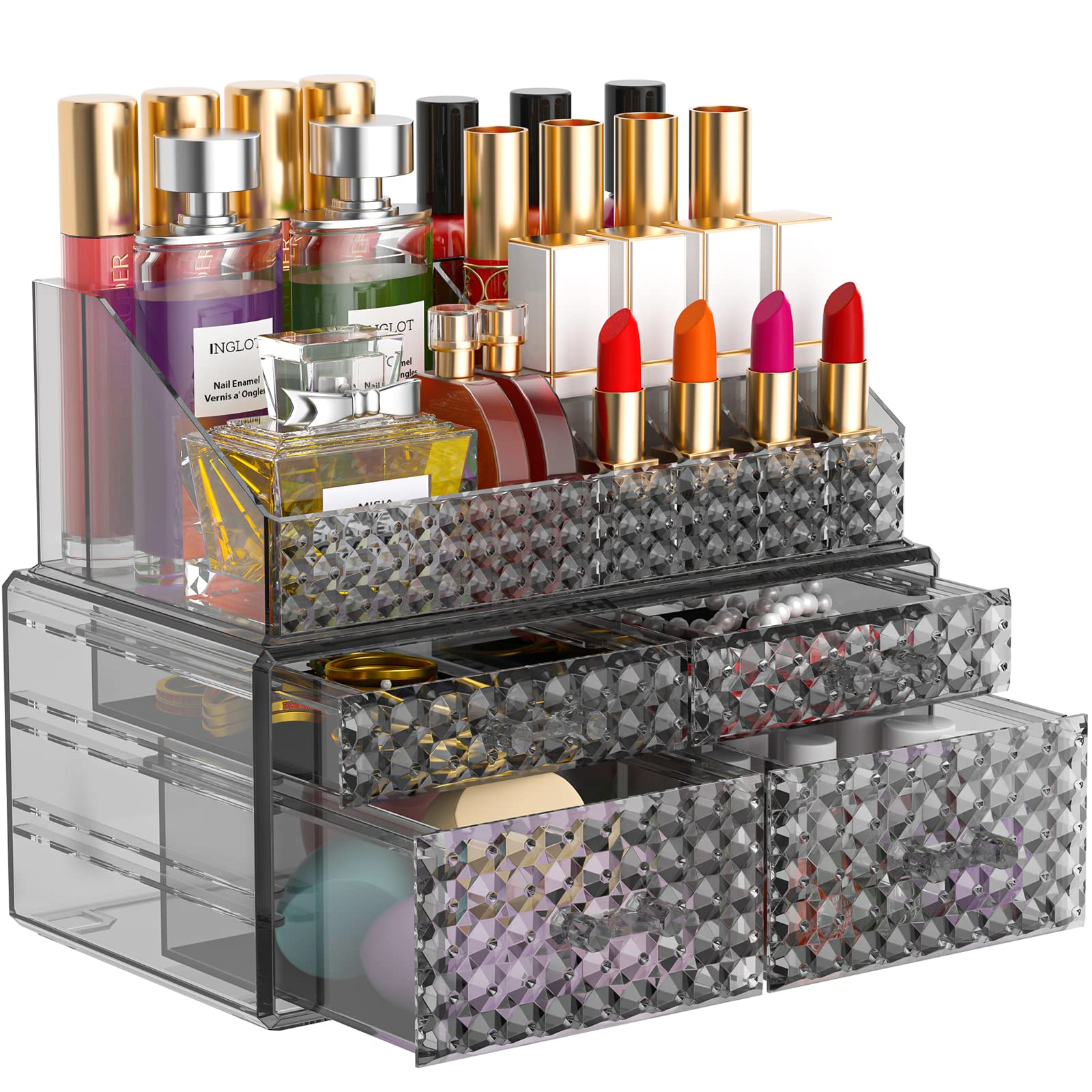 Awenia stackable makeup organizer with drawers, top view showing space-saving design.