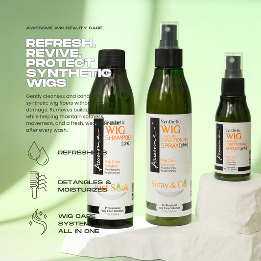 Awesome Synthetic Wig Conditioner Spray bottle shown for quick detangle and smooth finish.