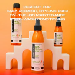 Awesome wig care set flatlay showing premium cleansing and conditioning routine.