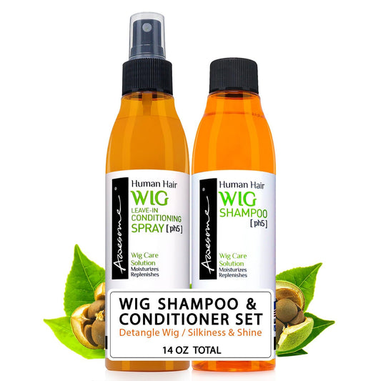 Awesome Wig Care Set shampoo bottle pour shows easy application for clean, refreshed wigs.