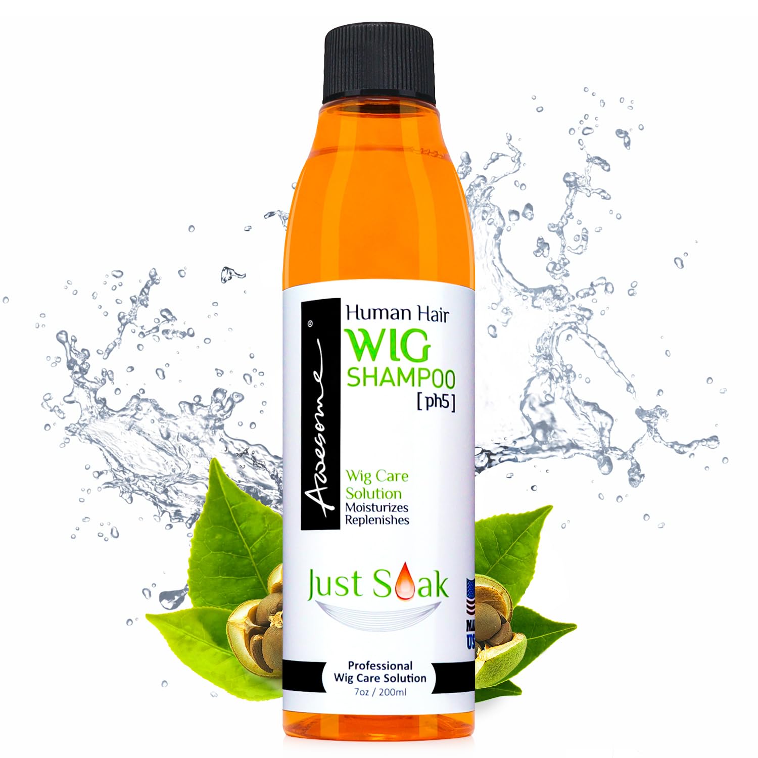 Awesome Wig Shampoo bottle close-up highlighting premium, pH-balanced care for human hair wigs