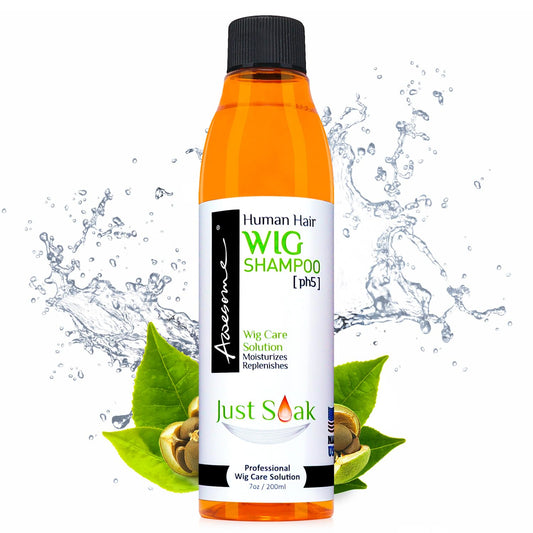 Awesome Wig Shampoo bottle close-up highlighting premium, pH-balanced care for human hair wigs