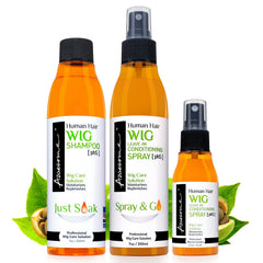 Awesome wig shampoo bottle being poured for gentle cleansing and silk-like shine.