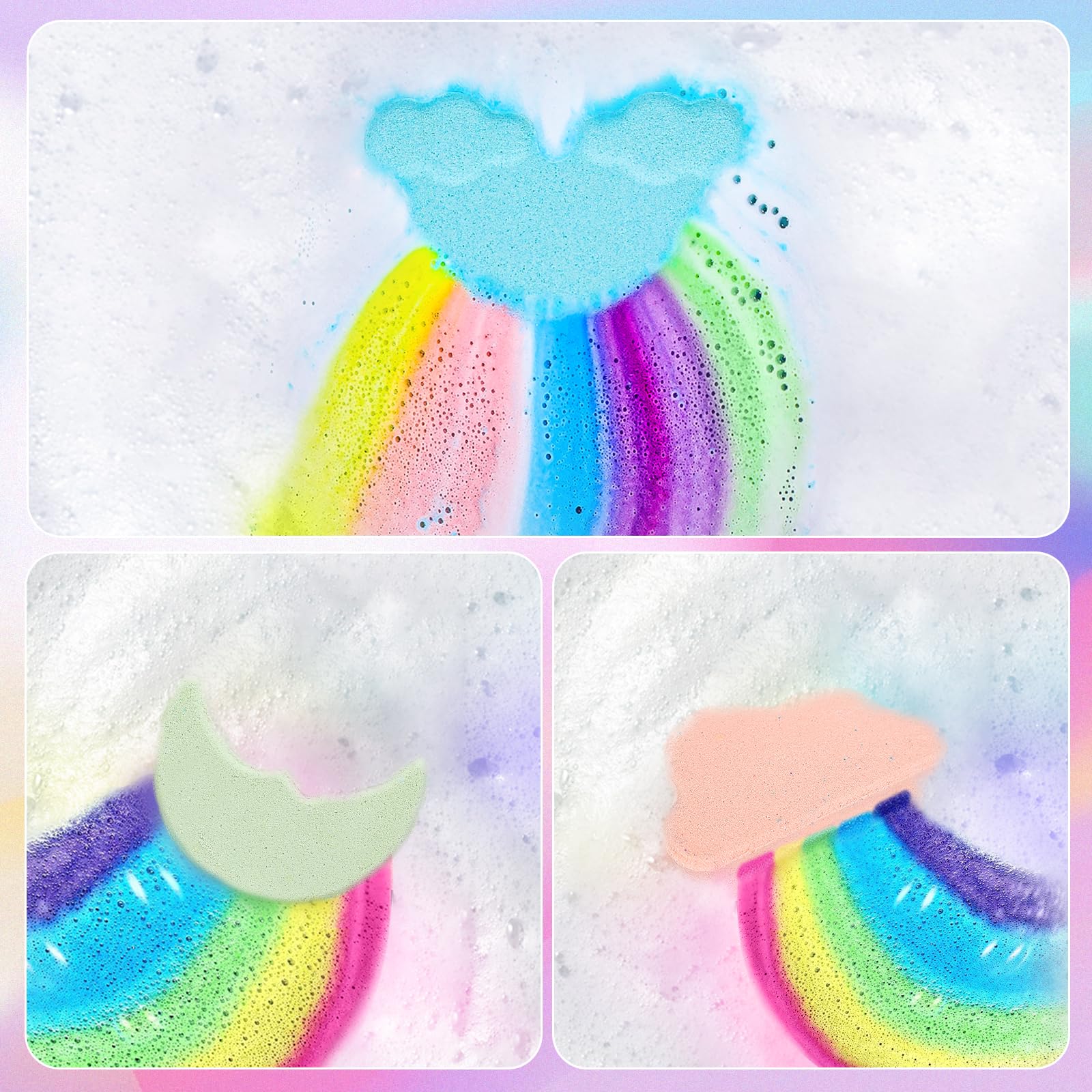 AWKUWA Rainbow Bath Bombs color blocks dissolve to reveal a five-color rainbow.